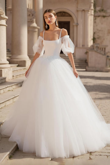Cold Shoulder Tulle A-Line Ivory Wedding Dress